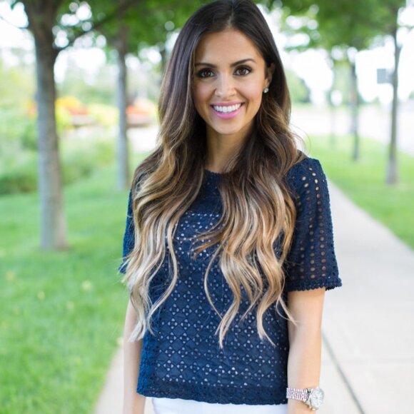 LOFT Tops - LOFT Geo Mix Eyelet Short Sleeve Navy Top